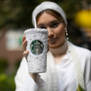 Starbucks Tumbler Personalized White Pearls Silver Rhinestones Crystals