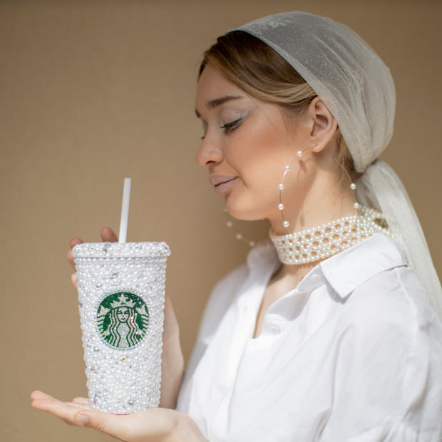 Starbucks Tumbler Personalized White Pearls Silver Rhinestones Crystals
