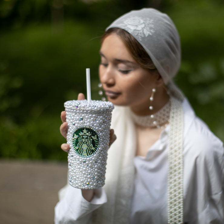 Starbucks Tumbler Personalized White Pearls Silver Rhinestones Crystal –  Americano Crystals
