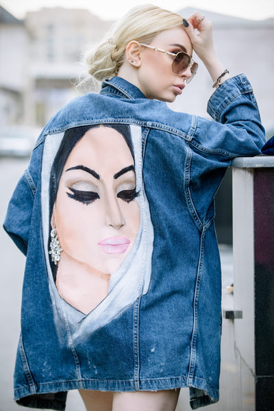 Custom Crystal Jean Jacket | Handmade Portrait Art on Denim Jacket