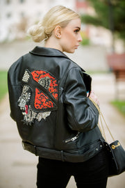 Custom Handmade Crystal Embellished Lion Leather Jacket
