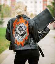 Custom Handmade Ghost Rider Bling Crystal Leather Jacket