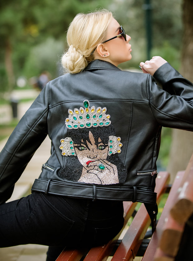 Custom Handmade Bejeweled Rihanna Portrait Bling Leather Jacket for Women