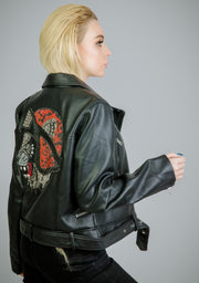 Custom Handmade Crystal Embellished Lion Leather Jacket