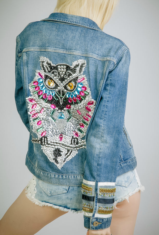 Custom Handmade Owl Crystal Embellished Personalized Denim Jacket