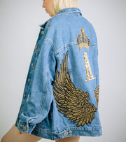 Oversized Denim Jacket, Vintage Jacket, Crown, Angel Wings