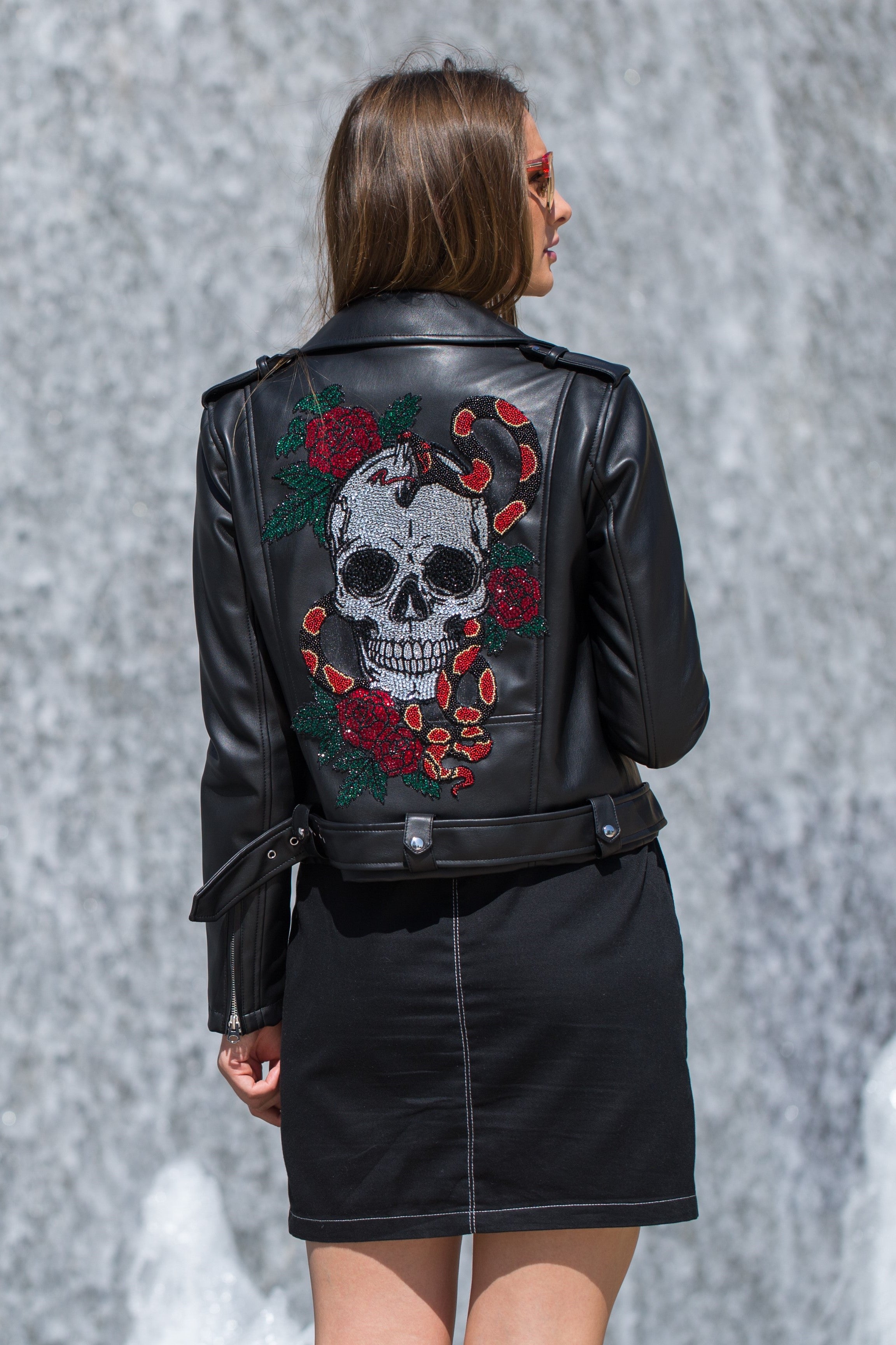 Crystal Skull & Roses Biker Jacket | Black Leather Jacket