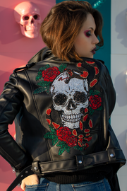Crystal Skull & Roses Biker Jacket | Black Leather Jacket