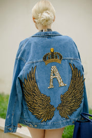 Oversized Denim Jacket, Vintage Jacket, Crown, Angel Wings