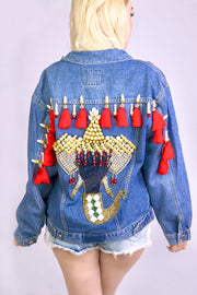 Custom Crystal & Fringe Elephant Denim Jacket, Swarovski Crystal, Vintage Jacket
